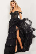 Black Off-Shoulder Tiered Formal Evening Dress