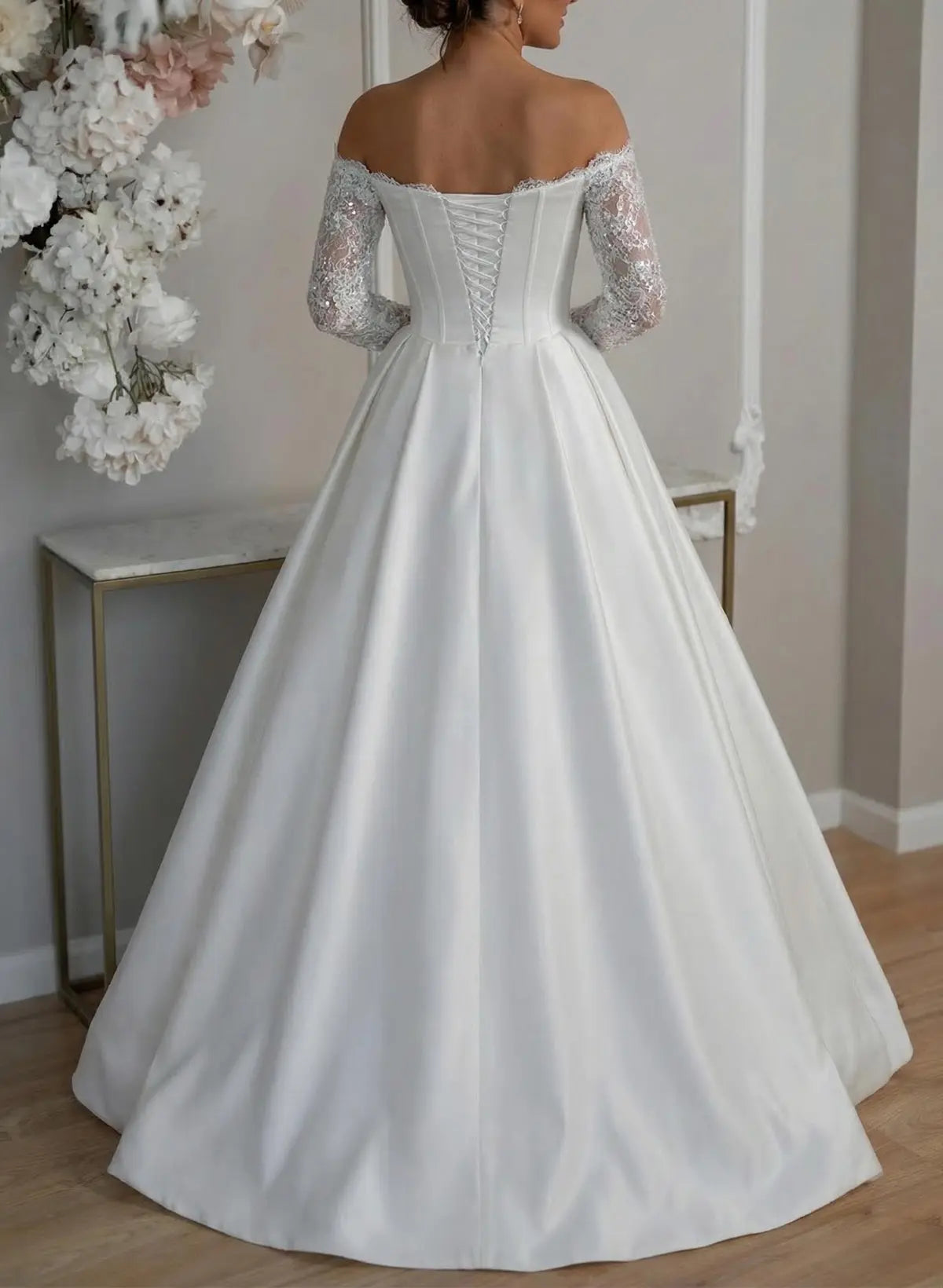 Off-Shoulder Corset Wedding Dress – Lace Sleeve Bridal Gown