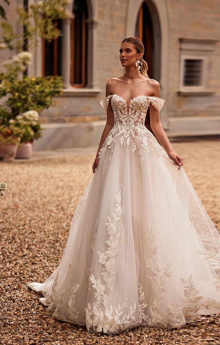 Off-Shoulder Lace Ball Gown Wedding Dress